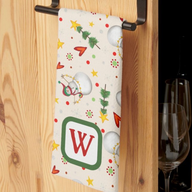 Cute Snögubbe Monogram Första jul Kökshandduk (Skapare uppladdad)