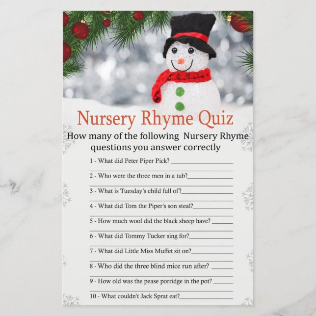 Cute snögubbe Nursery Rhyme Quiz babyduschspel (Framsida)