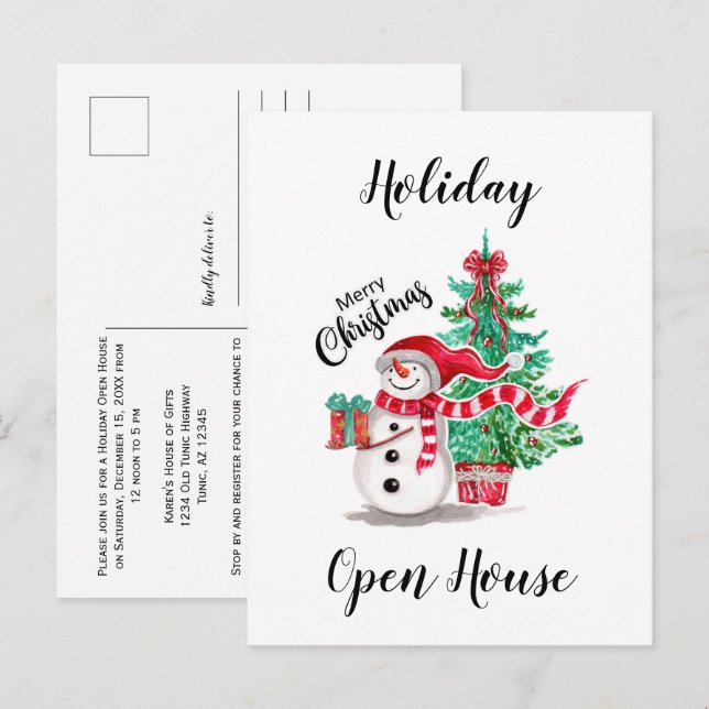 Cute Snögubbe och Julgran Open House Vykort (Fram/baksida)