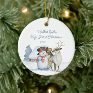 Cute Snögubbe och Reindeer Ceramic, första julen Julgransprydnad Keramik