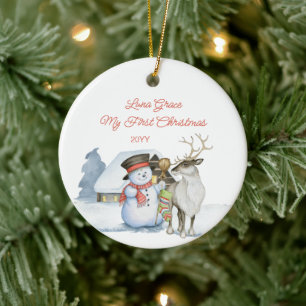 Cute Snögubbe och renar 1:a jul Julgransprydnad Keramik