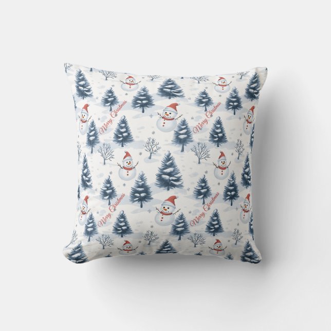 Cute Snögubbe och Snowy Träd God jul Kudde (Framsida)
