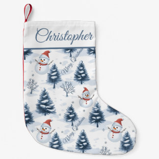 Cute Snögubbe och Snowy Träd God jul Liten Julstrumpa