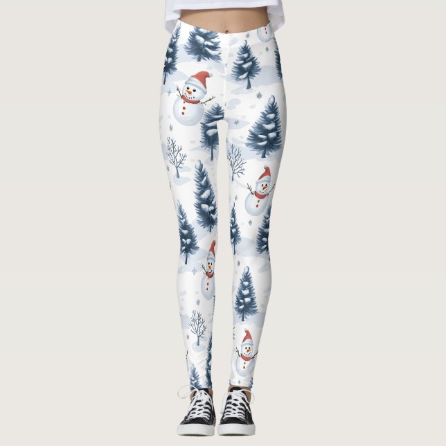 Cute Snögubbe och Snowy Träd Leggings (Framsida)