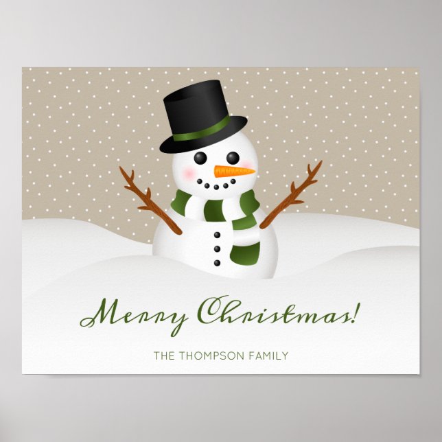 Cute Snögubbe på Beige och jul med eget namn Poster (Framsidan)