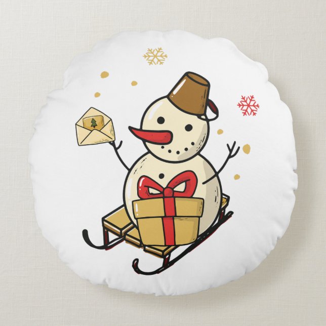 Cute Snögubbe på en slö Rund Kudde (Framsidan)