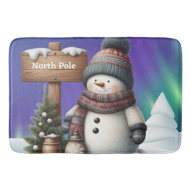 Cute snögubbe på Nordpolen med norra ljus Badrumsmatta (Framsidan)