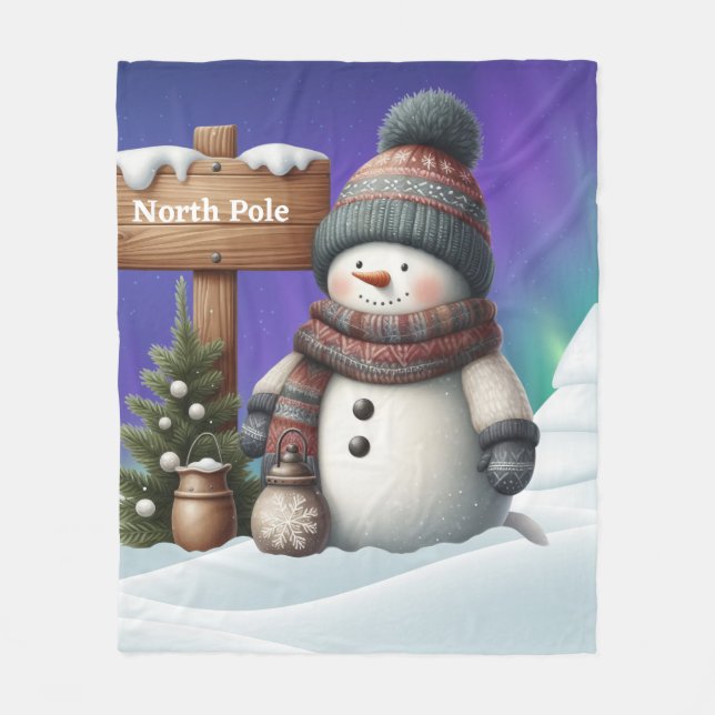 Cute snögubbe på Nordpolen med norra ljus Fleecefilt (Framsidan)