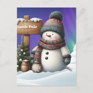 Cute snögubbe på Nordpolen med norra ljus Helg Vykort