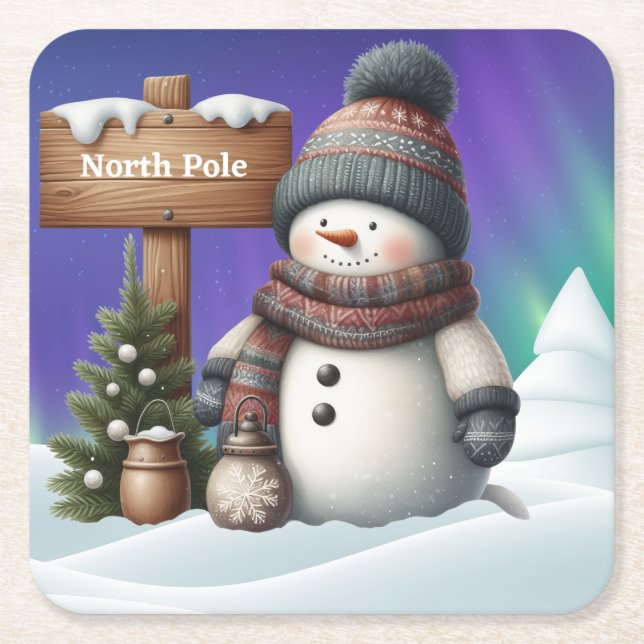 Cute snögubbe på Nordpolen med norra ljus Underlägg Papper Kvadrat (Framsidan)