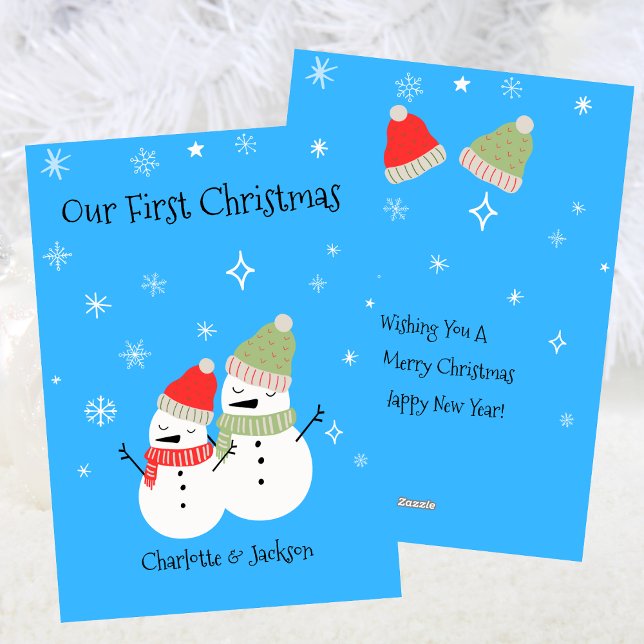Cute Snögubbe par Första jul-Helgdag Julkort (Cute Snowman Couple First Christmas Holiday)