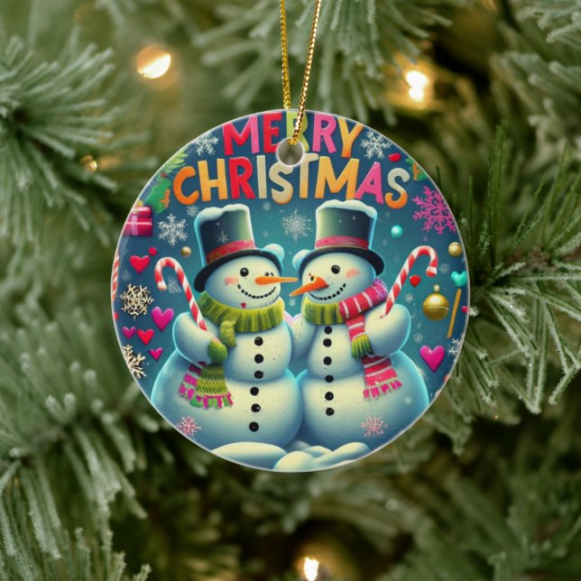 Cute Snögubbe par med hatt Julgransprydnad Keramik (Träd)