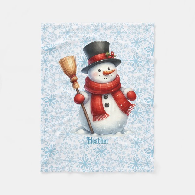 Cute Snögubbe personalize Namn jul Fleecefilt (Framsidan)