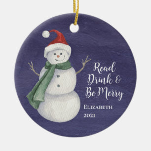 Cute Snögubbe Reading Bok Klubb Monogrammad Julgransprydnad Keramik