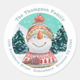 Cute Snögubbe Retur Namn Adress Teal jul Runt Klistermärke