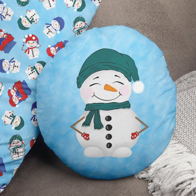 Cute Snögubbe Scarf Hat-julrundan Pillow Rund Kudde (Skapare uppladdad)