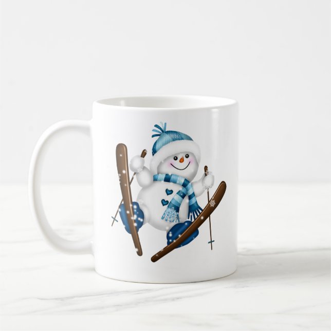 Cute Snögubbe Skiing jul Helgdag Kaffemugg (Vänster)