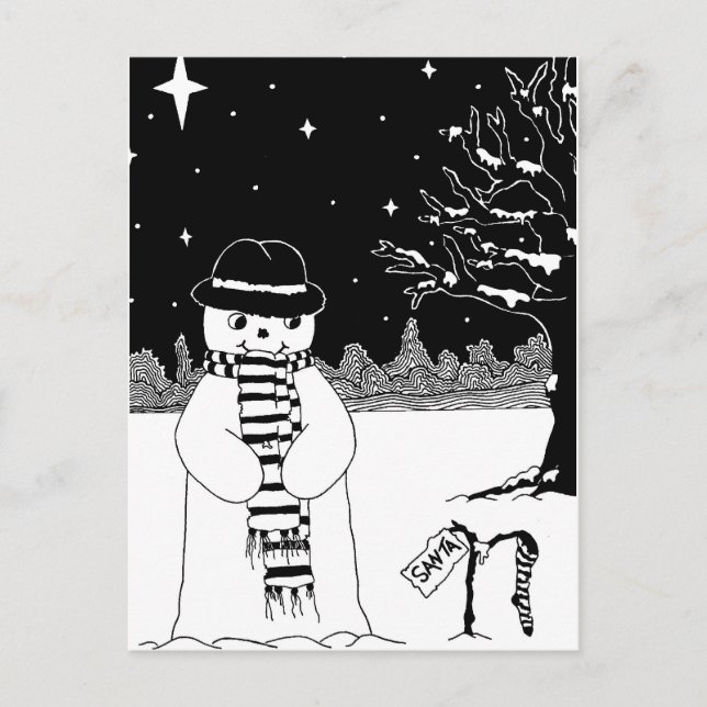Cute snögubbe svartvit julillustration helg vykort (Framsida)