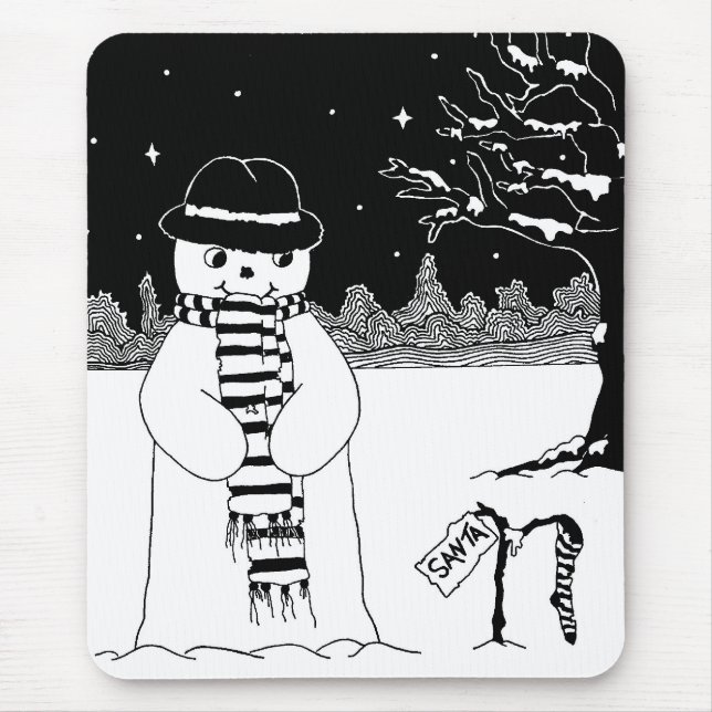 Cute snögubbe svartvit julillustration musmatta (Framsidan)