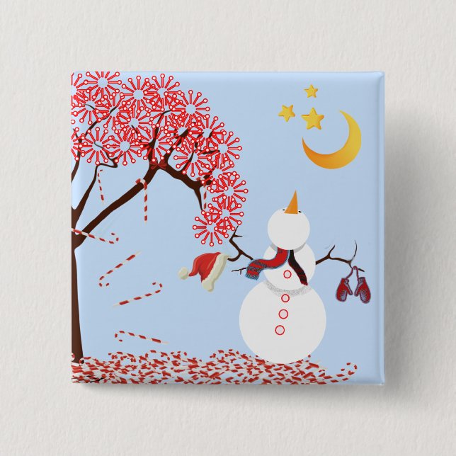 Cute Snögubbe Tittar upp vid Måne-knappen Knapp (Framsida)