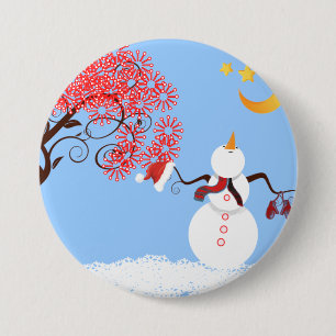 Cute Snögubbe Tittar upp vid Måne-knappen Knapp