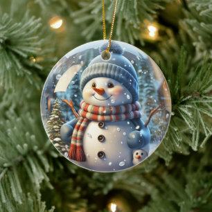 Cute Snögubbe Wearing Scarf och Hat Julgransprydnad Keramik