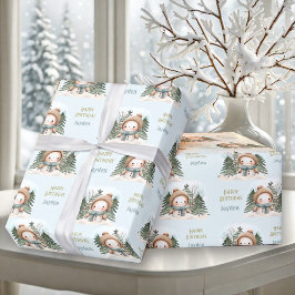 Cute Snögubbe Winter 1st Birthday Boy Namn Blue Presentpapper