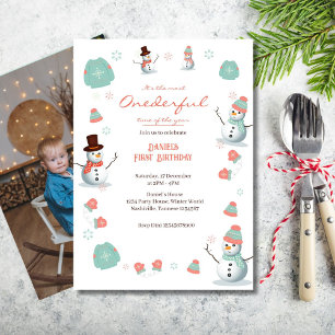 Cute Snögubbe Winter Onederland Birthday Photo Inbjudningar