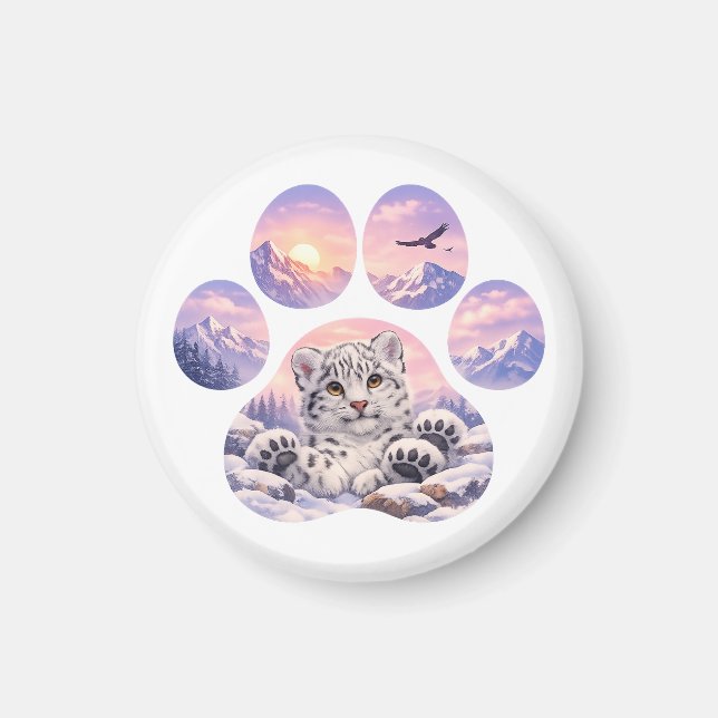 Cute Snow Leopard Paw Mountain Design Magnet (Framsidan)