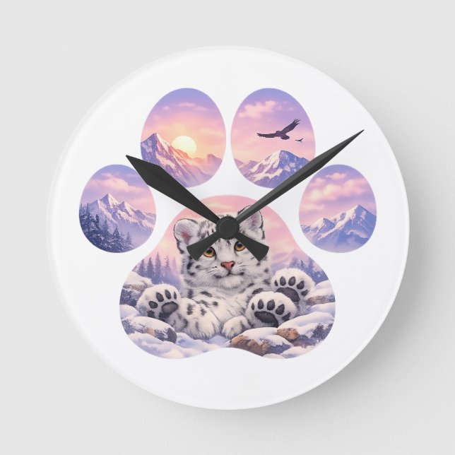 Cute Snow Leopard Paw Mountain Design Rund Klocka (Framsida)