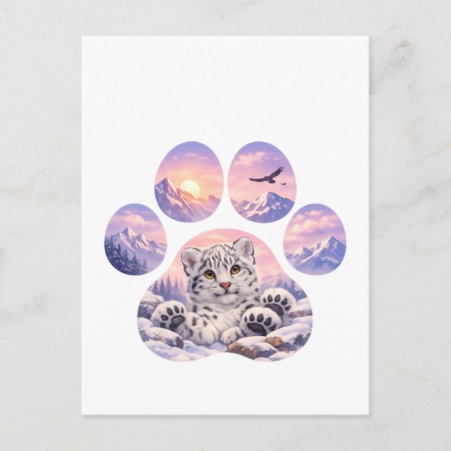 Cute Snow Leopard Paw Mountain Design Vykort (Framsida)