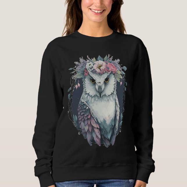 Cute Snow Owl Bird Flower Crown Floral Birds T Shirt (Framsida)