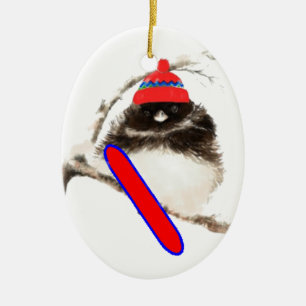 Cute Snowboard Bird in Hat, jul Humor, Junco Julgransprydnad Keramik