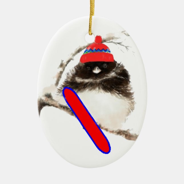 Cute Snowboard Bird in Hat, jul Humor, Junco Julgransprydnad Keramik (Framsidan)