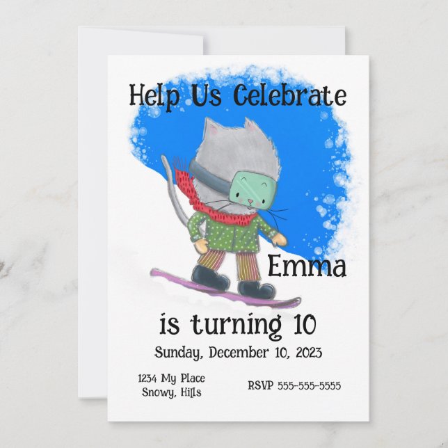 Cute Snowboarding Cat Birthday, Personalize Inbjudningar (Framsida)