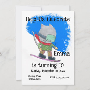 Cute Snowboarding Cat Birthday, Personalize Inbjudningar