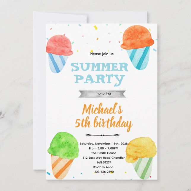 Cute snowcone birthday party invitation inbjudningar (Framsida)