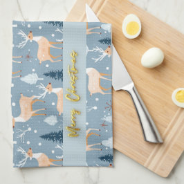 Cute Snowflake Reindeer Modern Elegant Pastel Blue Kökshandduk