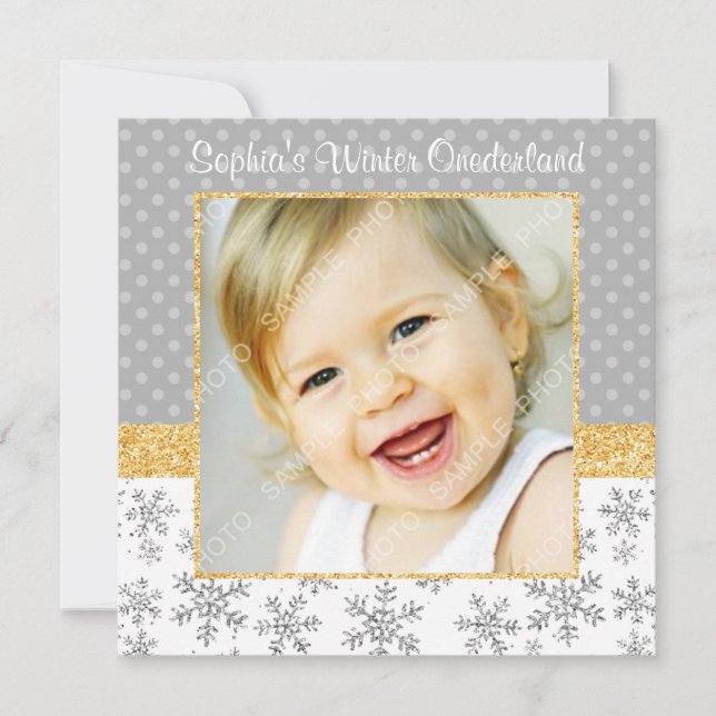 Cute Snowflake Silver Guld Winter Onederland Foto Inbjudningar (Framsida)