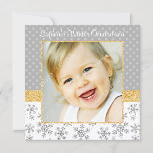 Cute Snowflake Silver Guld Winter Onederland Foto Inbjudningar