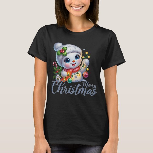 Cute Snowgirl Merry Christmas Lights Tee (Framsida)
