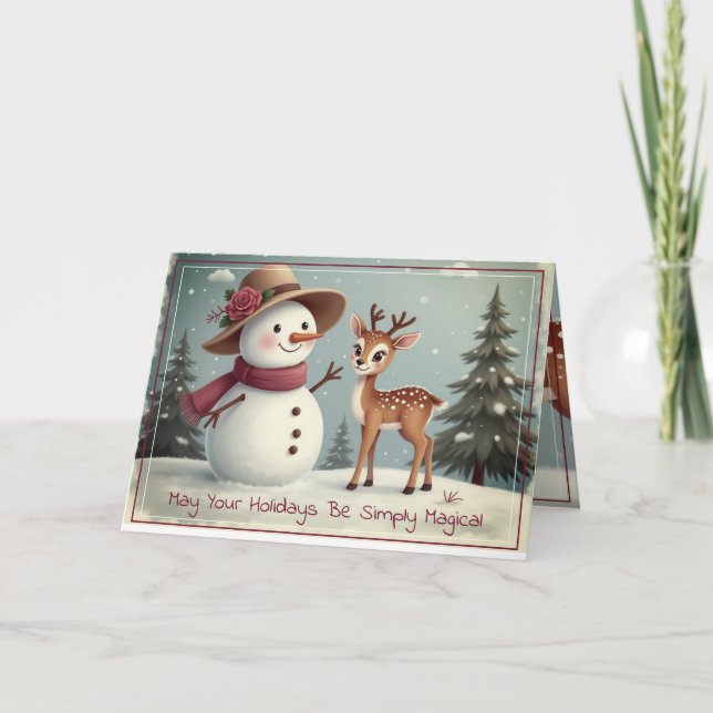Cute Snowman And Deer Helgkort (Framsida)