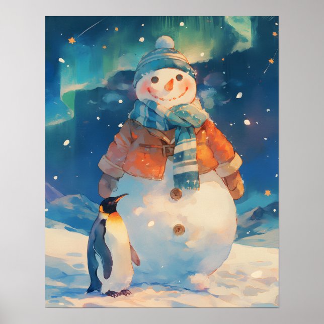 Cute Snowman and Penguin Northern Lights Nursery Poster (Framsidan)