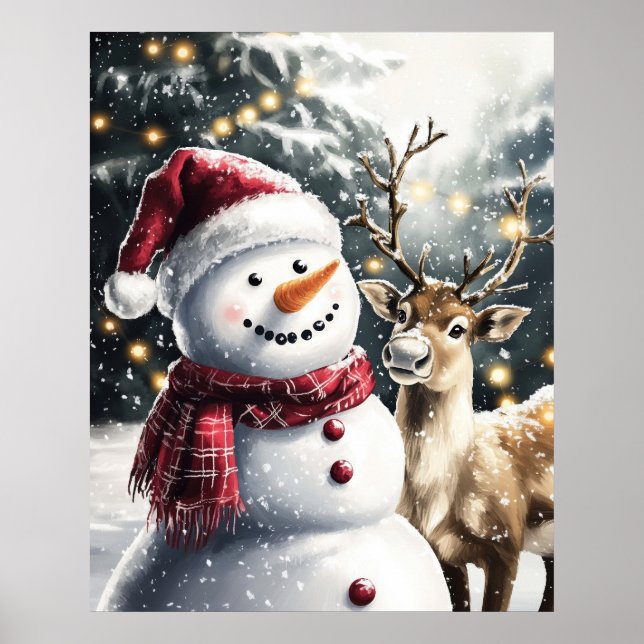 Cute Snowman and Reindeer Christmas Wall Art Poster (Framsidan)