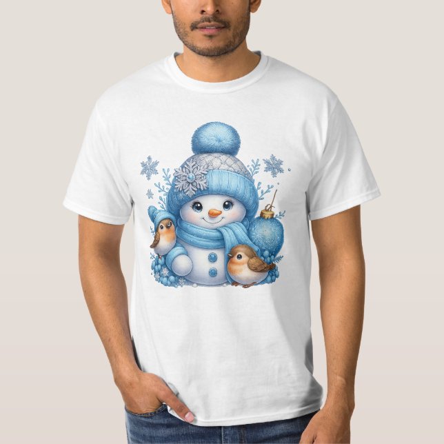 Cute Snowman and Winter Birds Christmas T Shirt (Framsida)