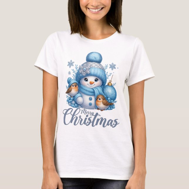 Cute Snowman and Winter Birds Christmas T Shirt (Framsida)