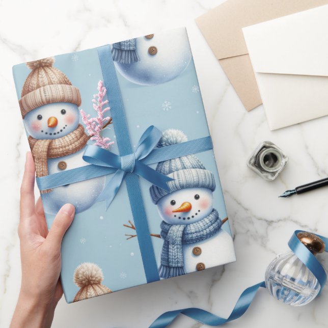 Cute Snowman Blue Snowy Background Christmas Presentpapper (Gifting)