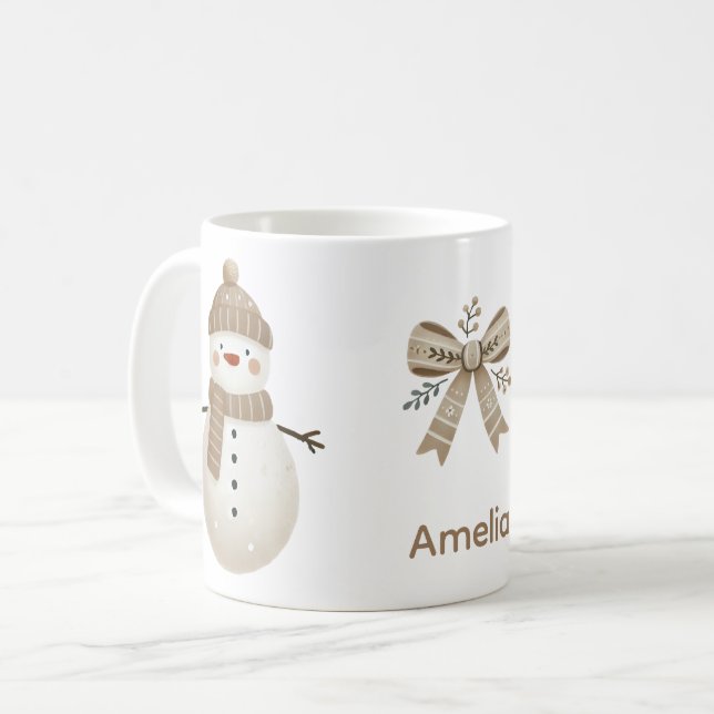 Cute Snowman Bow Drawing Name Christmas Kaffemugg (Framsida vänster)