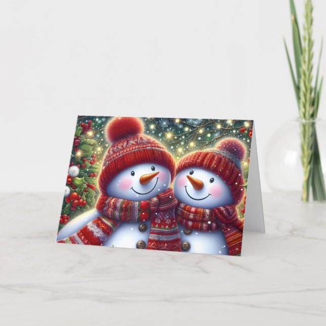 Cute Snowman Couple Christmas Helgkort (Framsida)