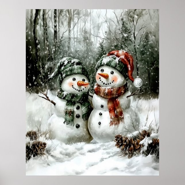 Cute Snowman Couple Christmas Wall Art Poster (Framsidan)